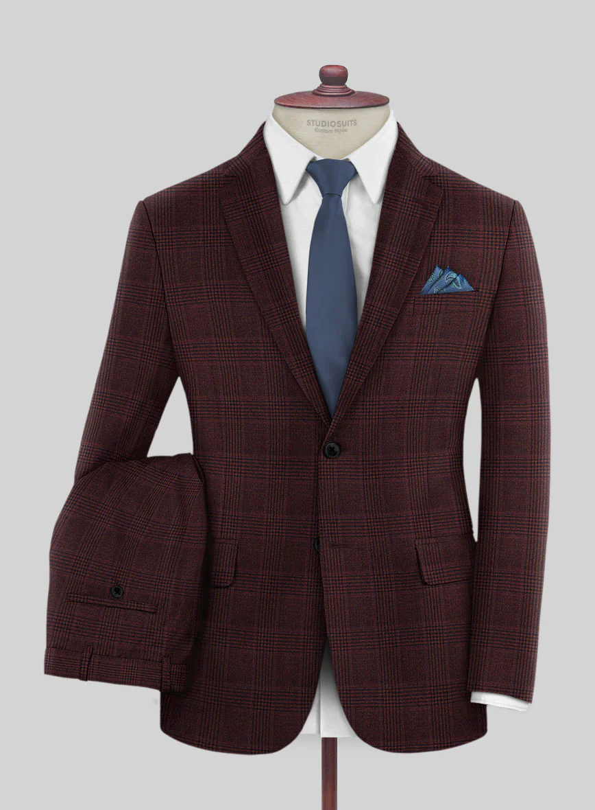 Reda Casvo Maroon Checks Wool Suit