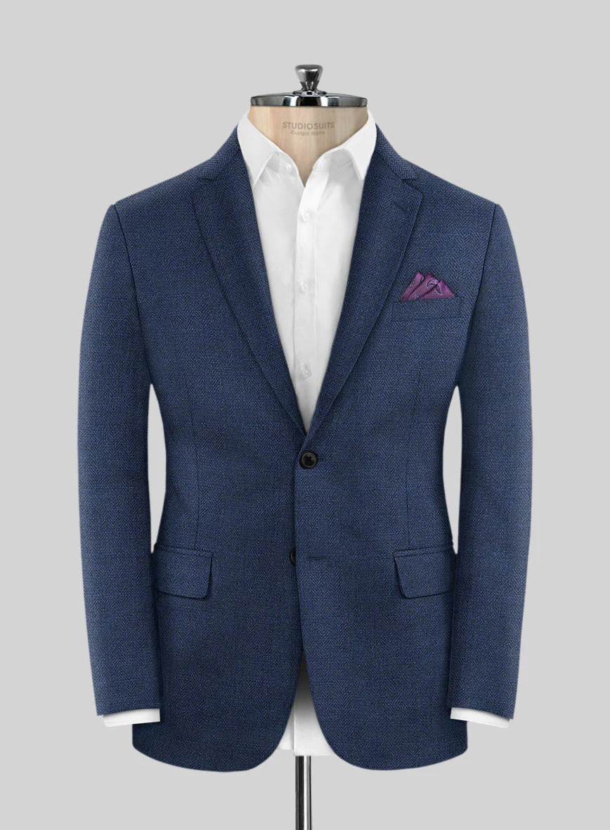 Scabal Cobalt Blue Herringbone Wool Jacket
