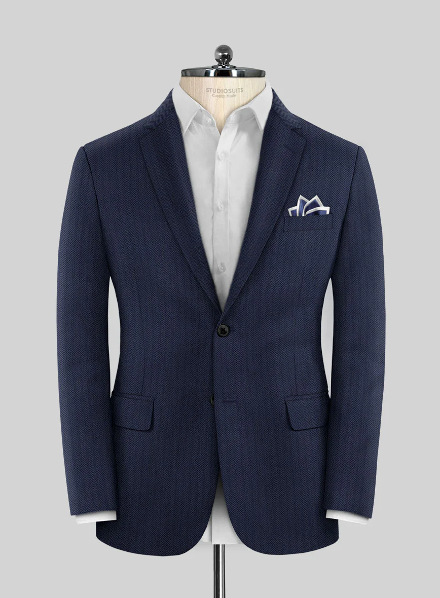 Scabal Tornado Herringbone Navy Blue Wool Jacket