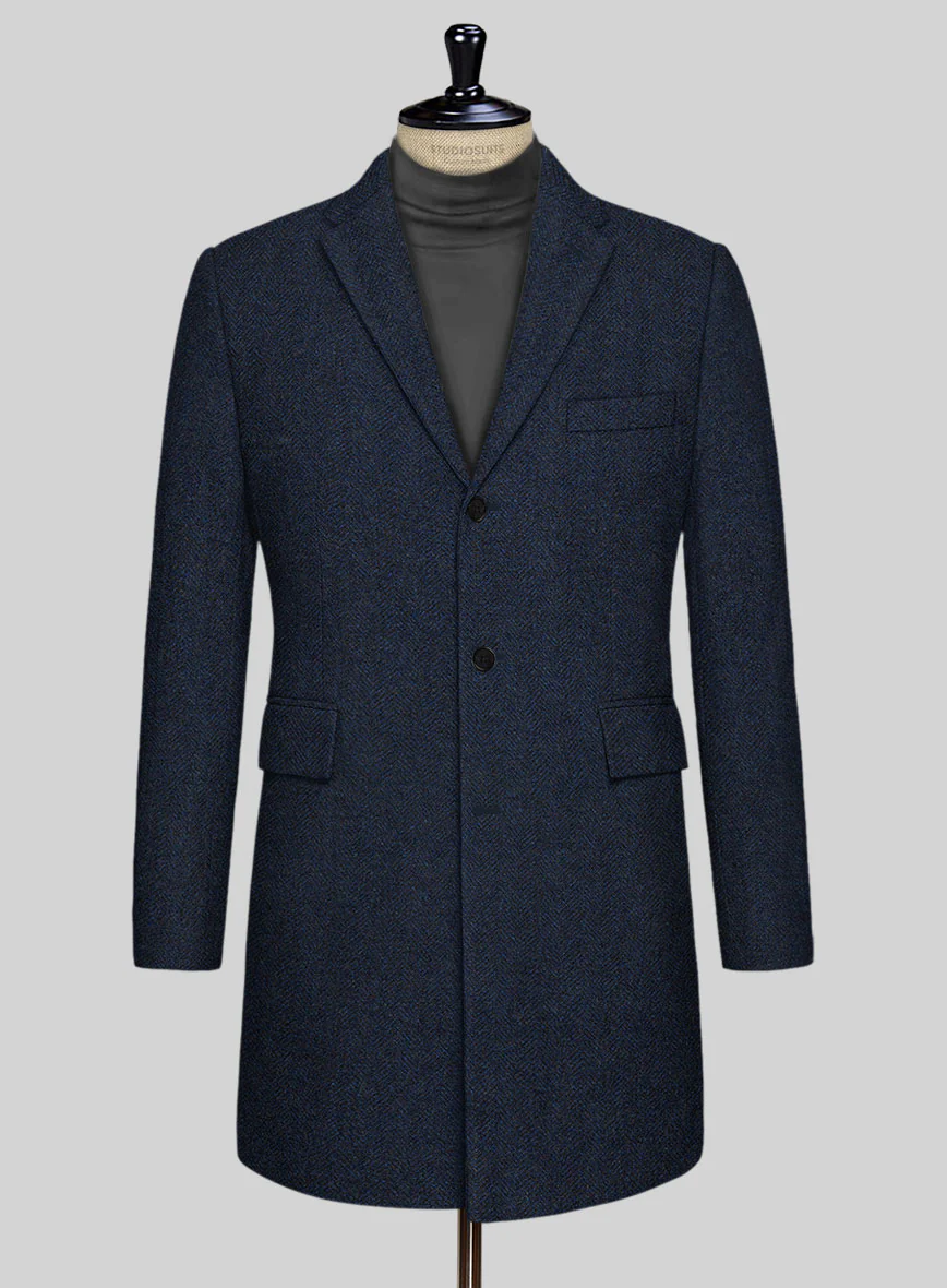 Showman Blue Herringbone Tweed Overcoat