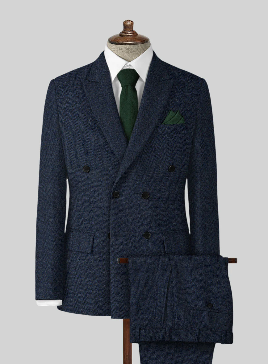 Showman Blue Herringbone Tweed Double Breasted Suit