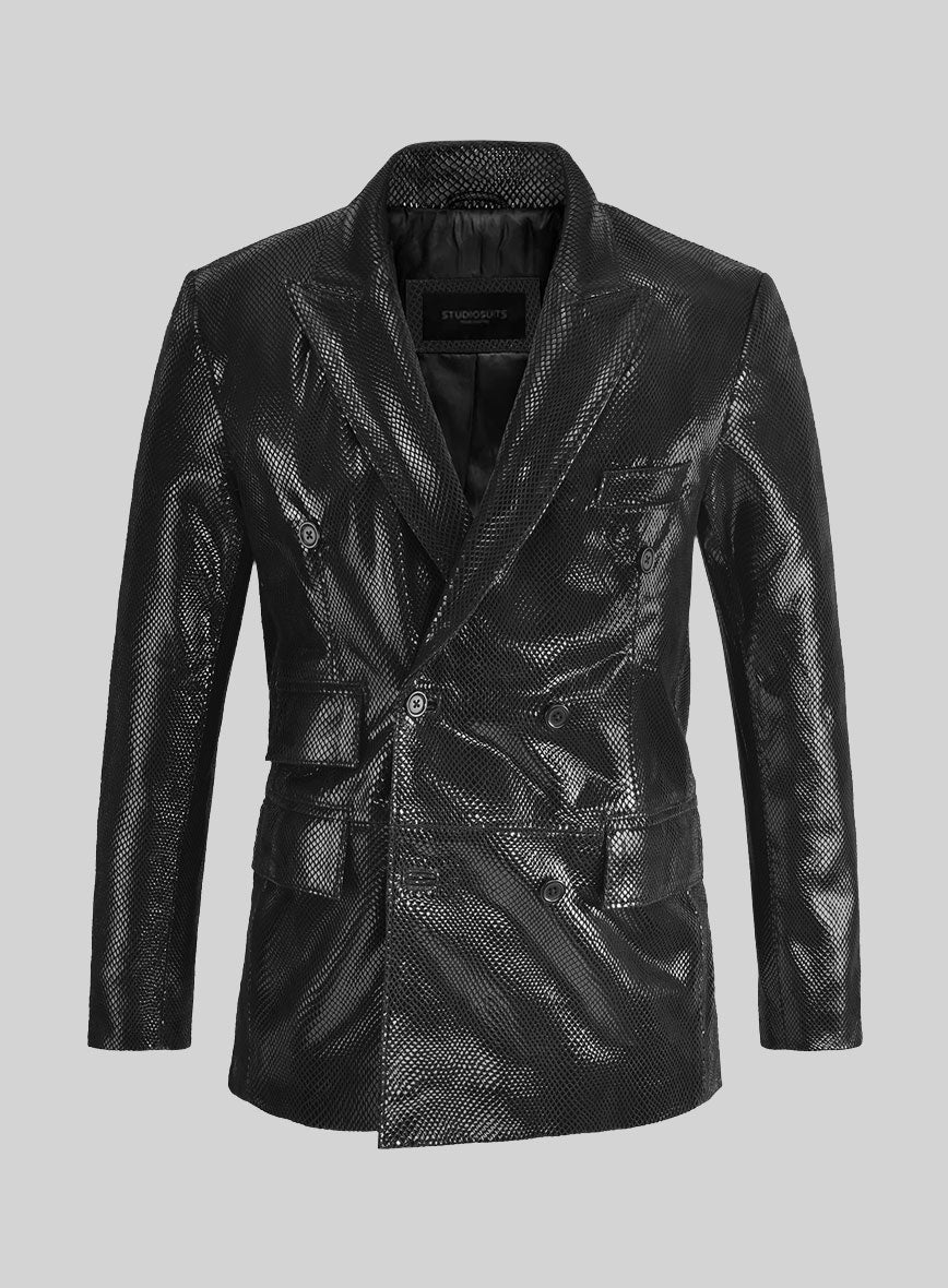Snake Embossed Black Double Breasted Leather Suit - Image 3