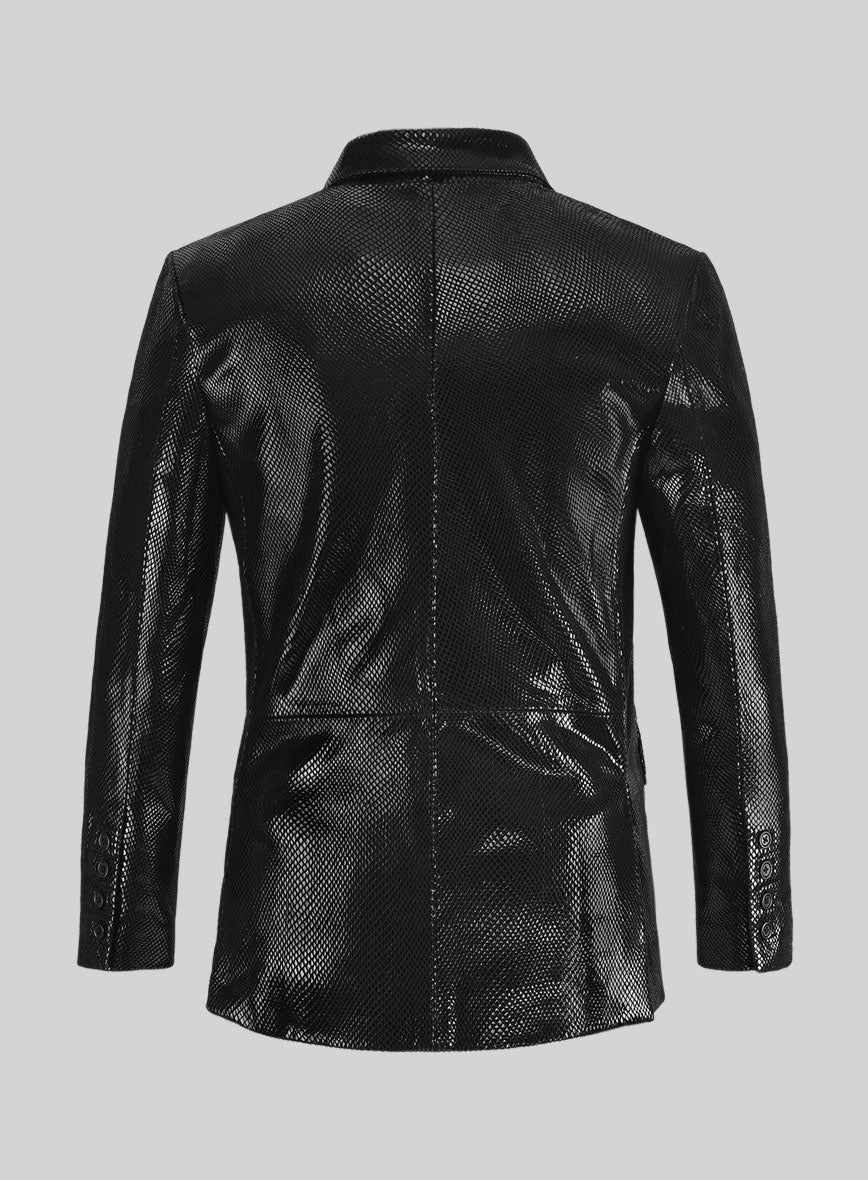 Snake Embossed Black Double Breasted Leather Suit - Image 4