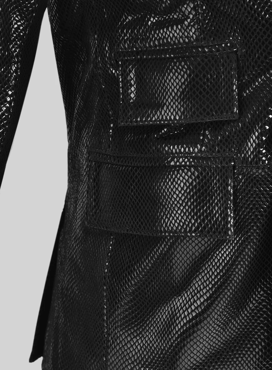 Snake Embossed Black Double Breasted Leather Suit - Image 5