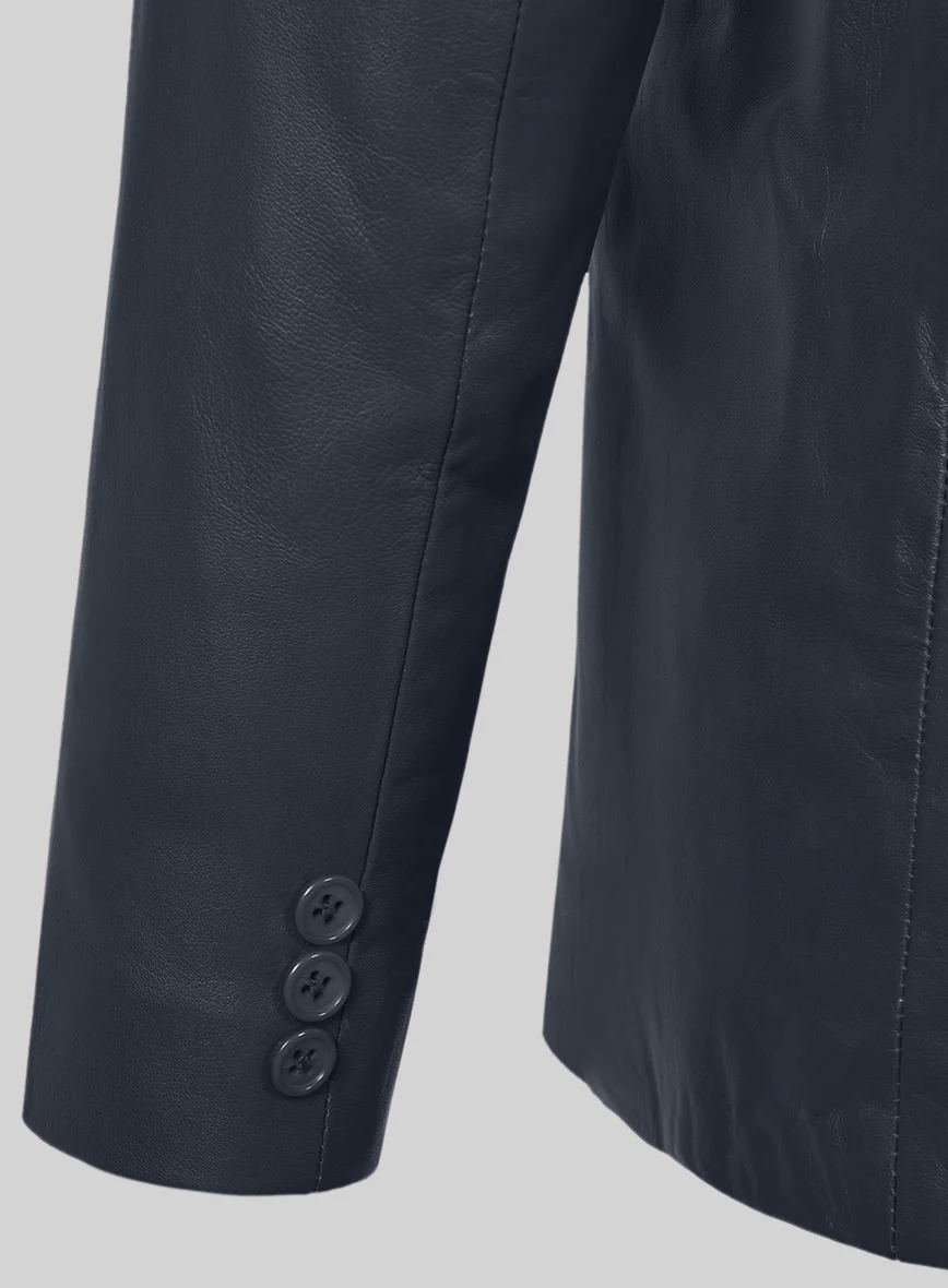 Soft Deep Blue Leather Pea Coat - Image 3