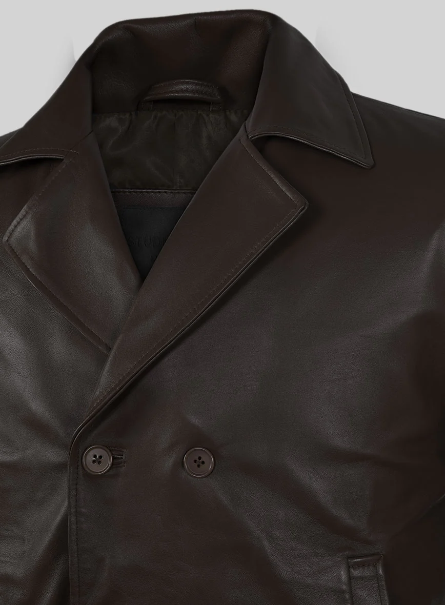 Soft Louis Brown Leather Pea Coat - Image 3
