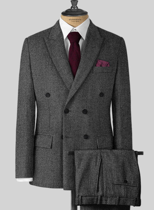 Vintage Dark Gray Weave Tweed Double Breasted Suit