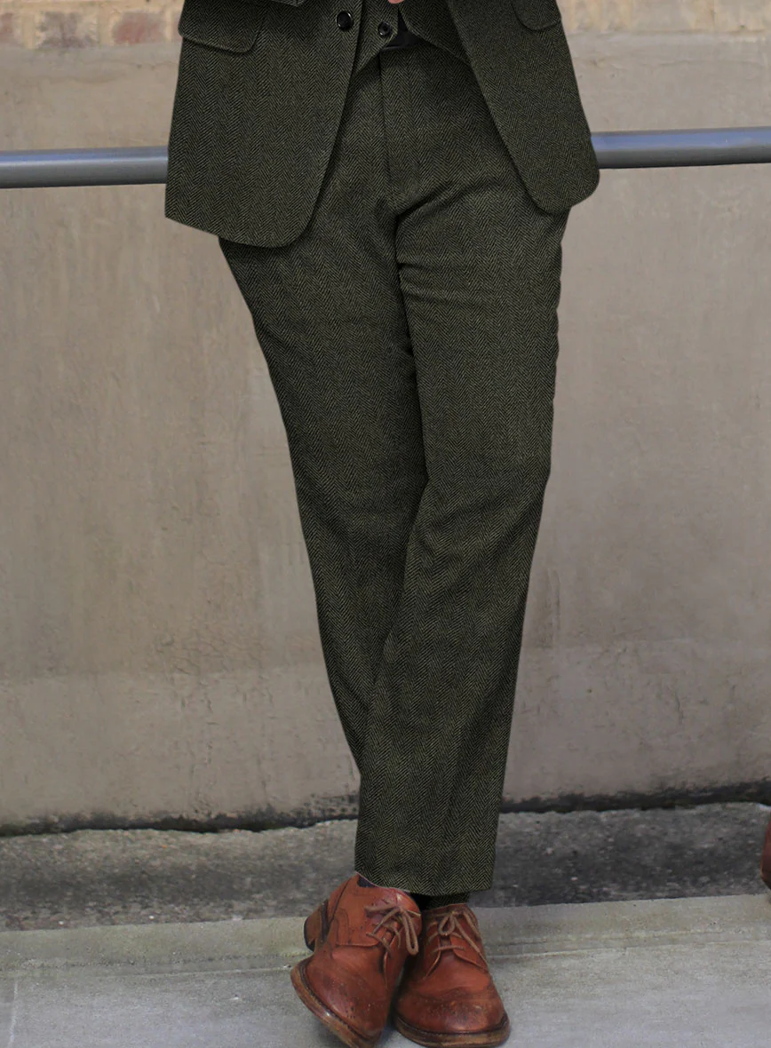 Vintage Flat Green Herringbone Tweed Pants - Image 4