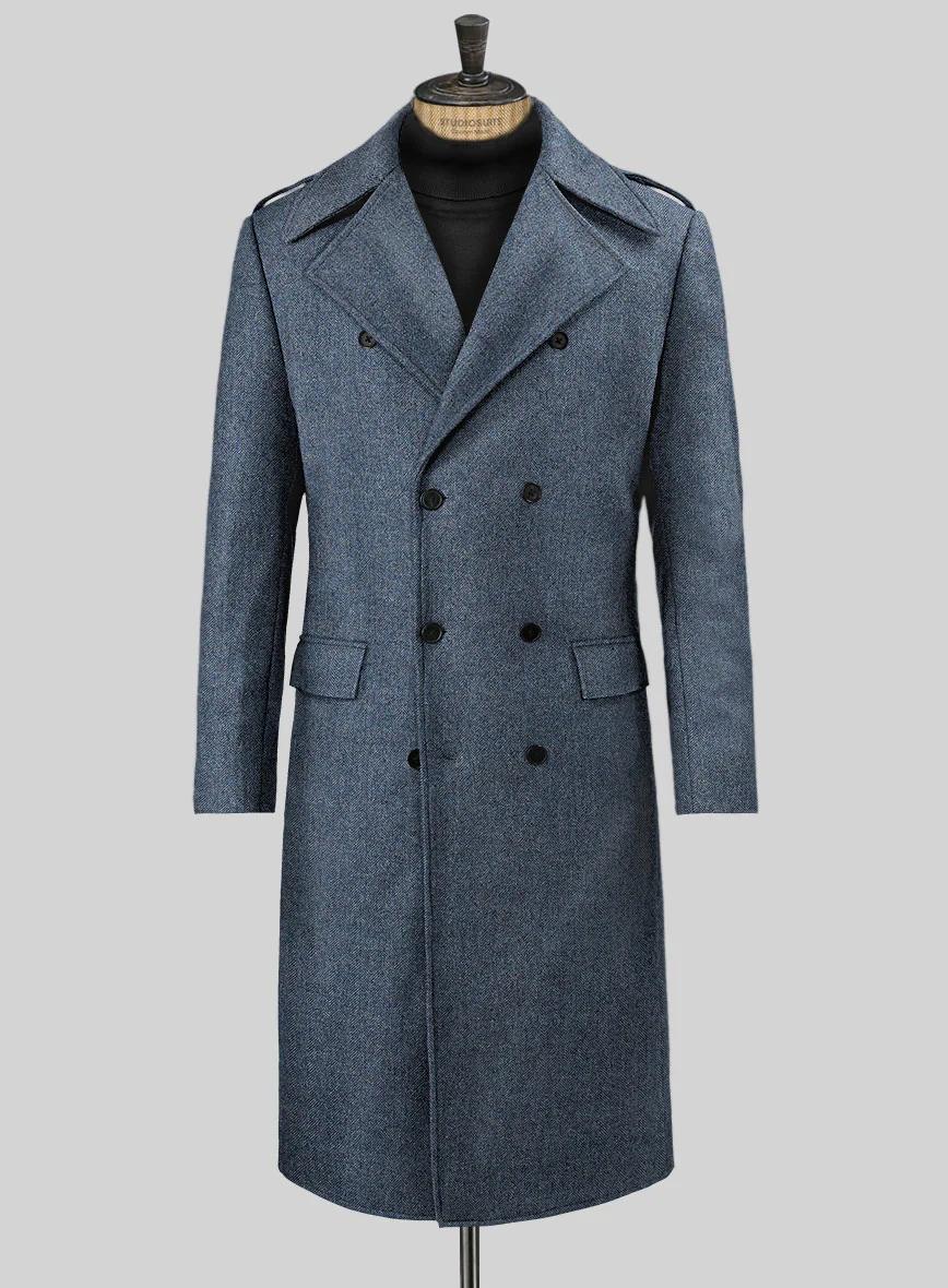 Vintage Herringbone Blue Tweed GQ Overcoat