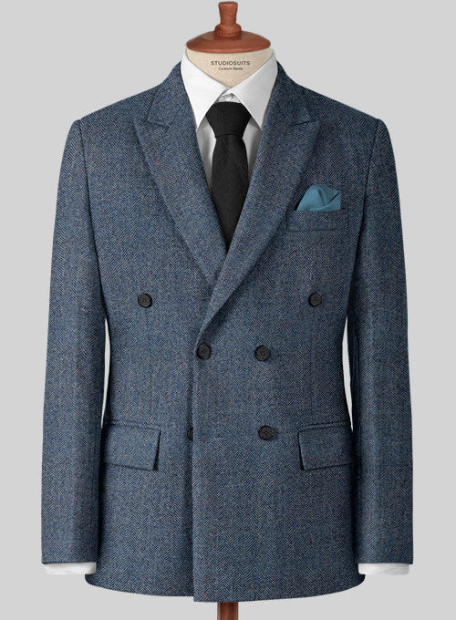 Vintage Herringbone Blue Tweed Double Breasted Jacket