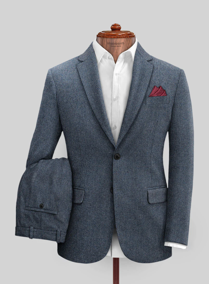 Vintage Herringbone Blue Tweed Suit - Image 2