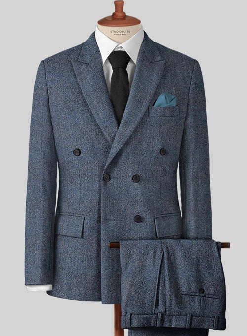 Vintage Herringbone Blue Tweed Double Breasted Suit