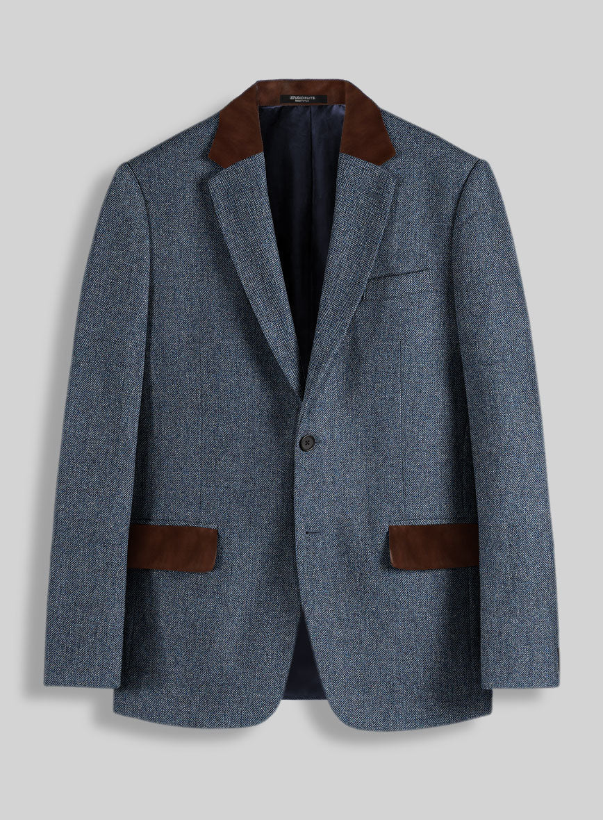 Vintage Herringbone Blue Tweed Suit - Leather Trims - Image 3