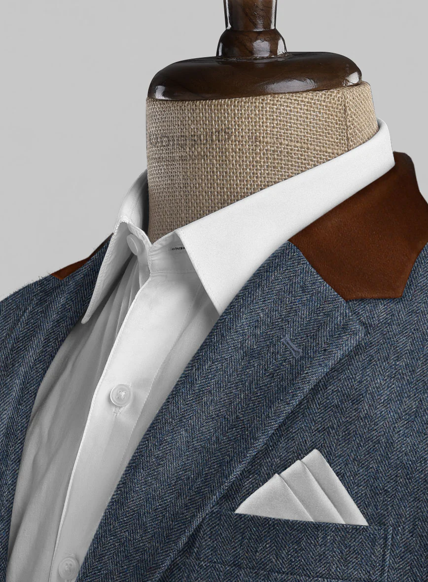 Vintage Herringbone Blue Tweed Suit - Leather Trims - Image 5