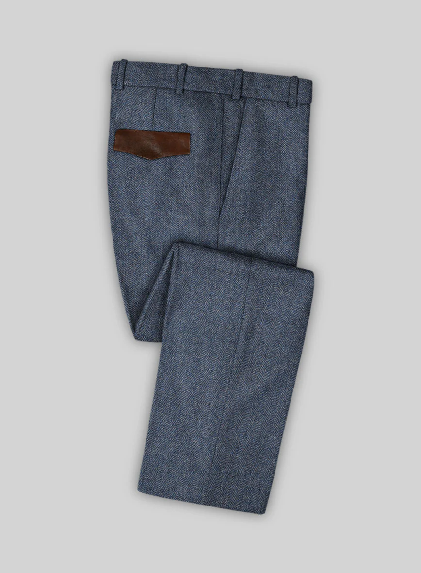 Vintage Herringbone Blue Tweed Suit - Leather Trims - Image 6