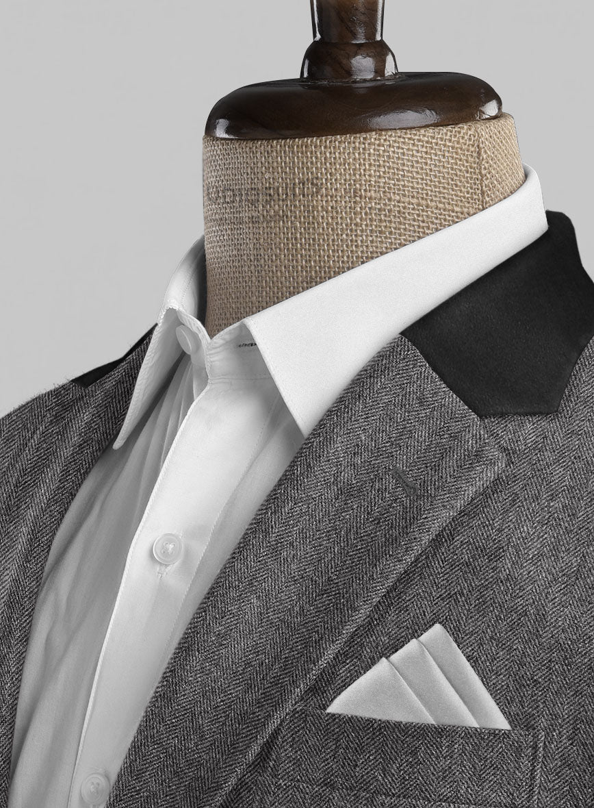 Vintage Herringbone Gray Tweed Jacket - Leather Trims - Image 4