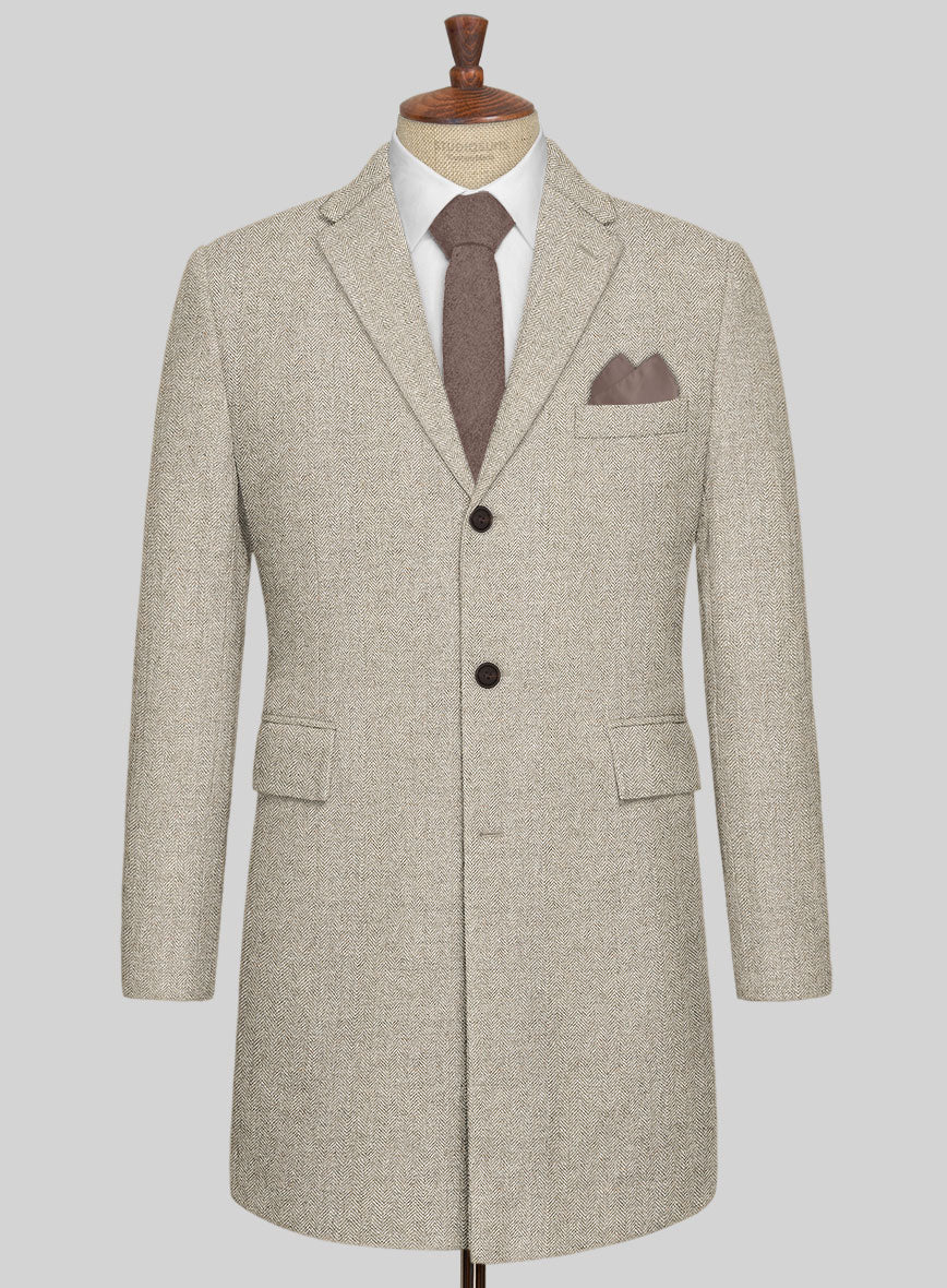 Vintage Herringbone Light Beige Tweed Overcoat