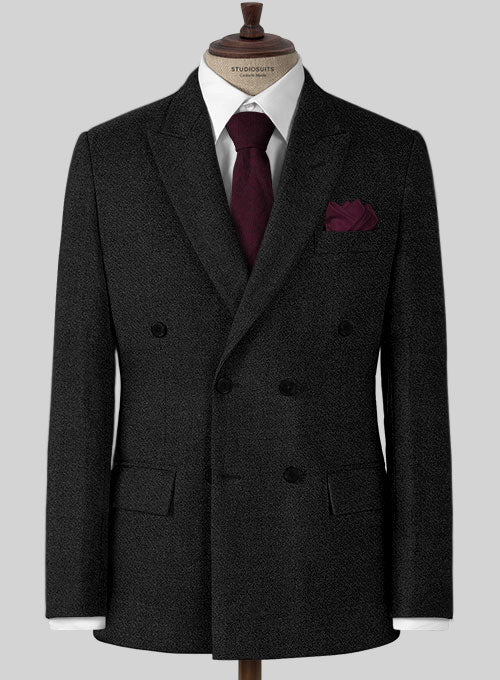 Vintage Plain Black Tweed Double Breasted Jacket