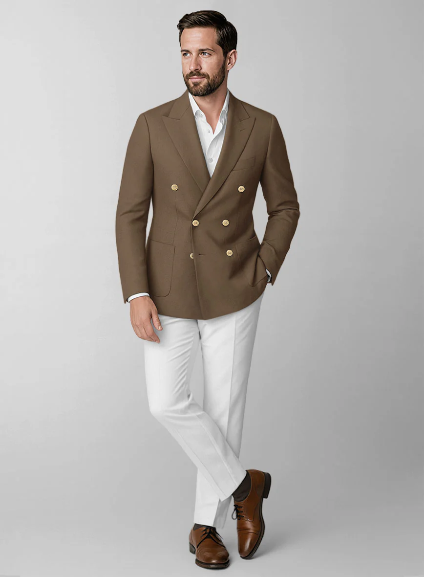 White Brown Cotton Double Breasted Suit