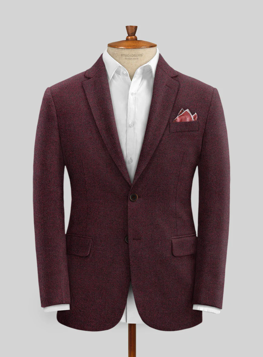 Wine Herringbone Tweed Jacket - Image 3