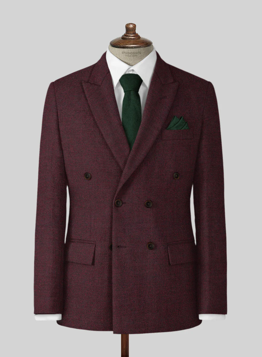 Wine Herringbone Tweed Double Breasted Suit - Image 2