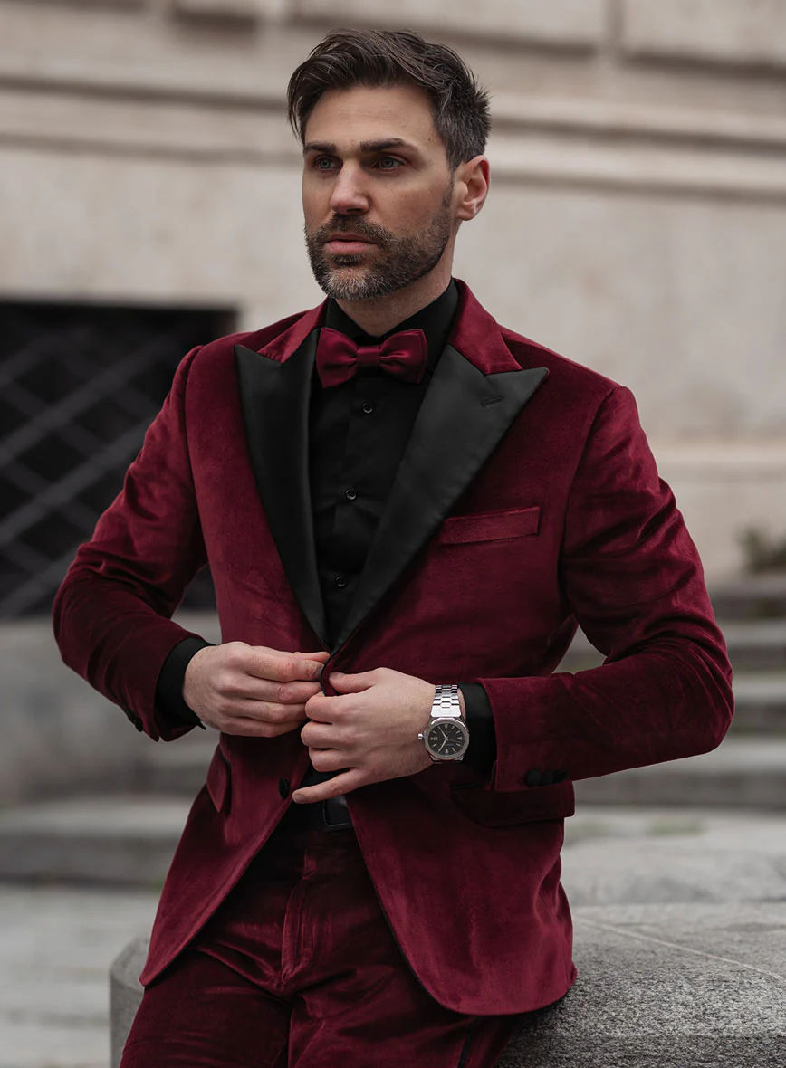 Wine Velvet Tuxedo Suit - Image 4